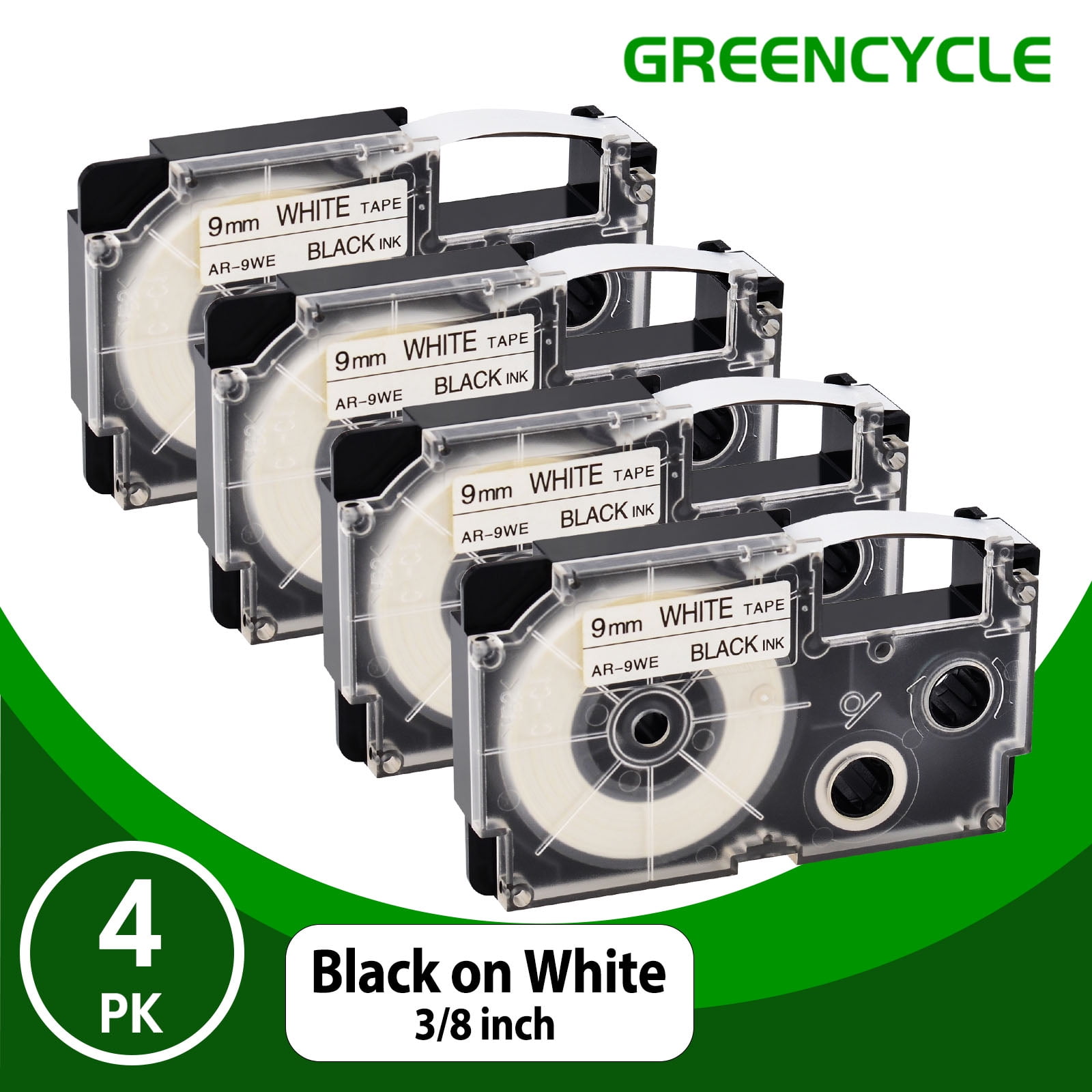 GREENCYCLE 4PK Compatible for Casio XR9WE XR-9WE 9mm Black on White EZ Label Maker Tape
