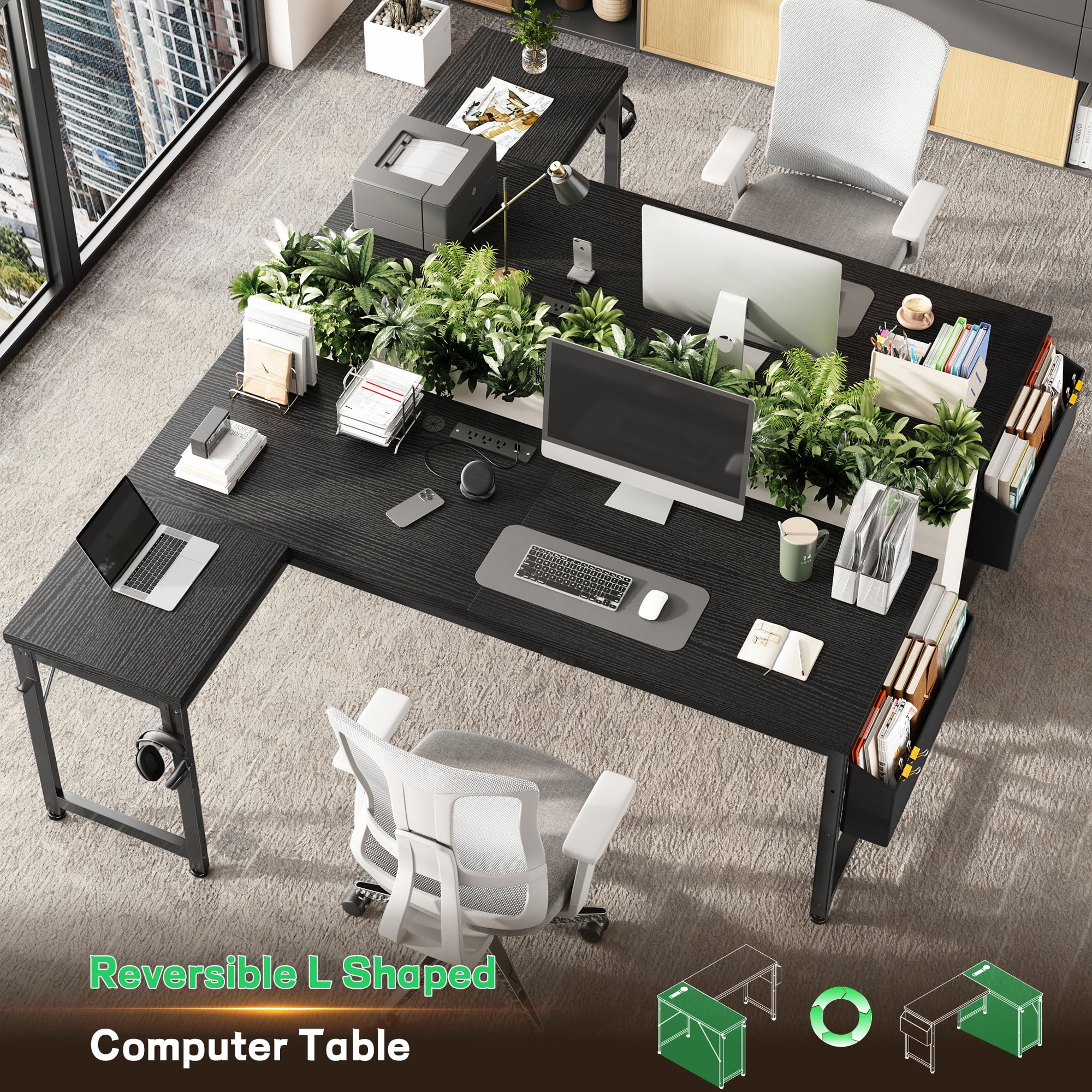 EnHomee L-Shaped Desk with Storage Reversible Gaming Desk with LED Lights Computer Desk with Storage Organizer,Black