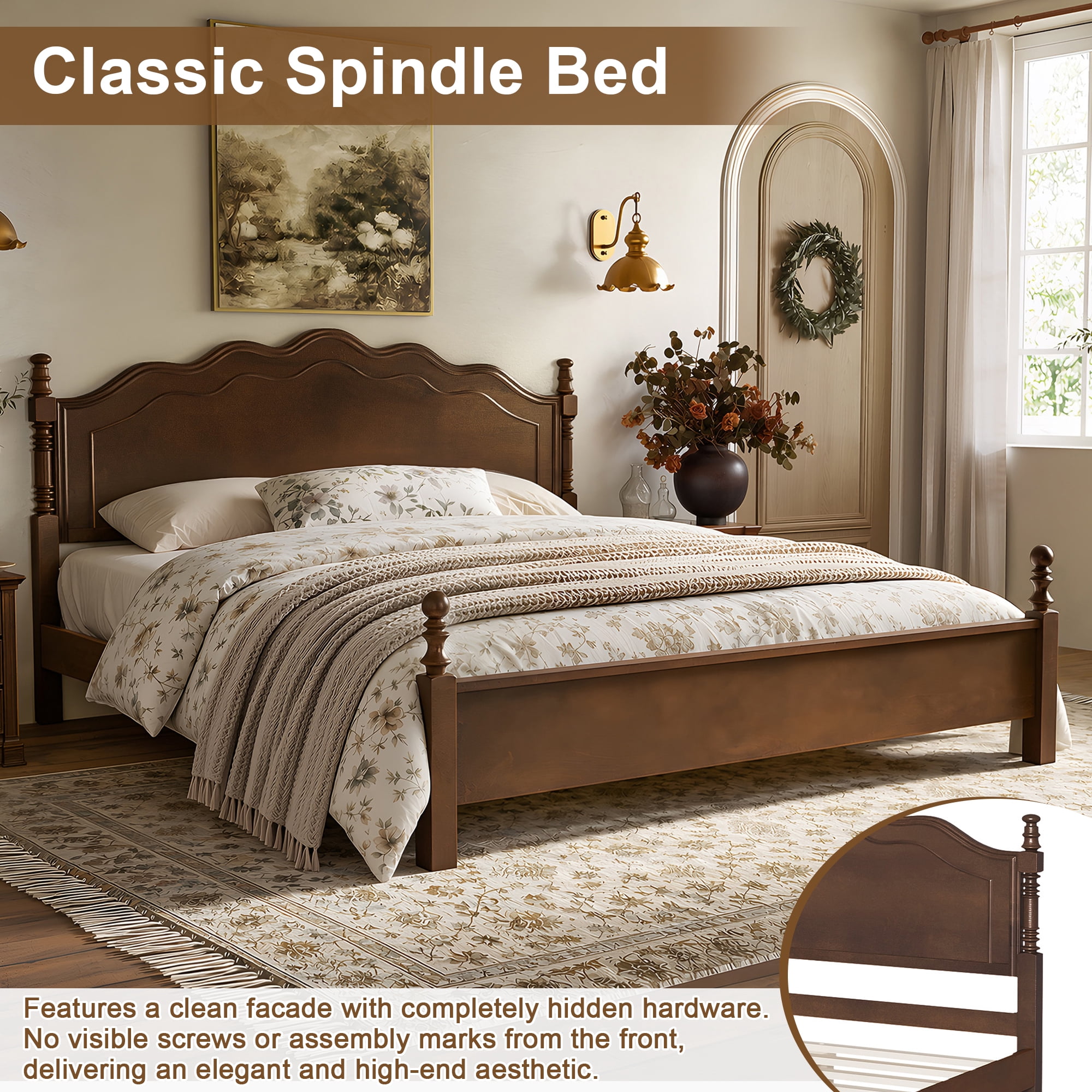 Euroco Wood King Size Platform Bed, Classic American Vintage Style Wood Bed with Curved Headboard, No Box Spring Needed, Espresso