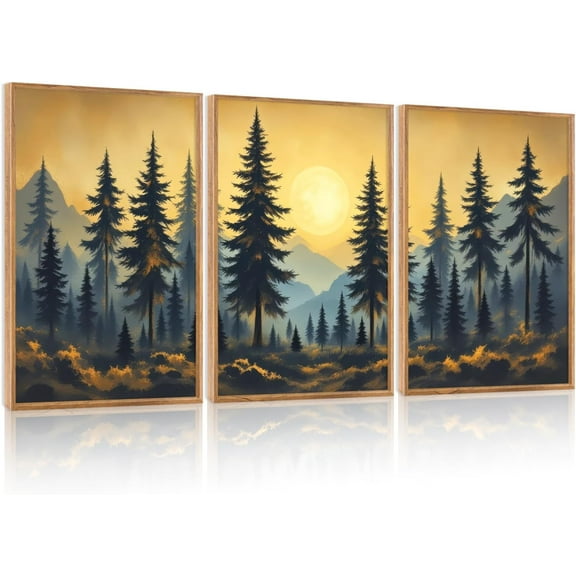 Hieng 3Pcs Abstract Mystical Moonlight Canvas Wall Art (16"x24"), Colorful Wildflowers Canvas Wall Decor, Framed Vintage Mountain Forest Landscape Art Print for Bedroom Office Living Room