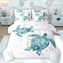 Feelyou Cartoon Sea Turtle Bedding Comforter Set 7pcs for Kids, Kawaii Ocean Animal Queen Bedding Sets, Marine Sealife Theme Reversible Queen Sheet Sets, Super Cozy Room Decor