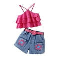 thumbnail image 1 of DuoJiaJ Kids Girls Summer Solid Color Suspender Top With Ruffles Denim Shorts 2PC Children's Suit Spring Floral Girls Matching Sets Size 2-3 Years, 1 of 5