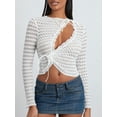 thumbnail image 3 of FEORJGP Women Sexy Summer Clothes Long Sleeve T-shirt Crew Neck Jumpers Tie-up Hollowed Irregular Blouses Ladies Crop Top Clubwear Streetwear for Bar Party, 3 of 9