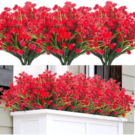 Morttic Artificial Fake Flowers  12 Bundles Outdoor UV Resistant Greenery Shrubs Plants Indoor Outside Hanging Planter Home Garden Decor (Red)