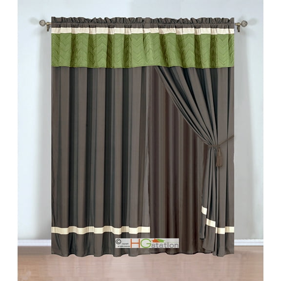 4-Pc Quilted Chevron Zigzag Striped Curtain Set Sage Brown Beige Valance Liner Drape Tieback