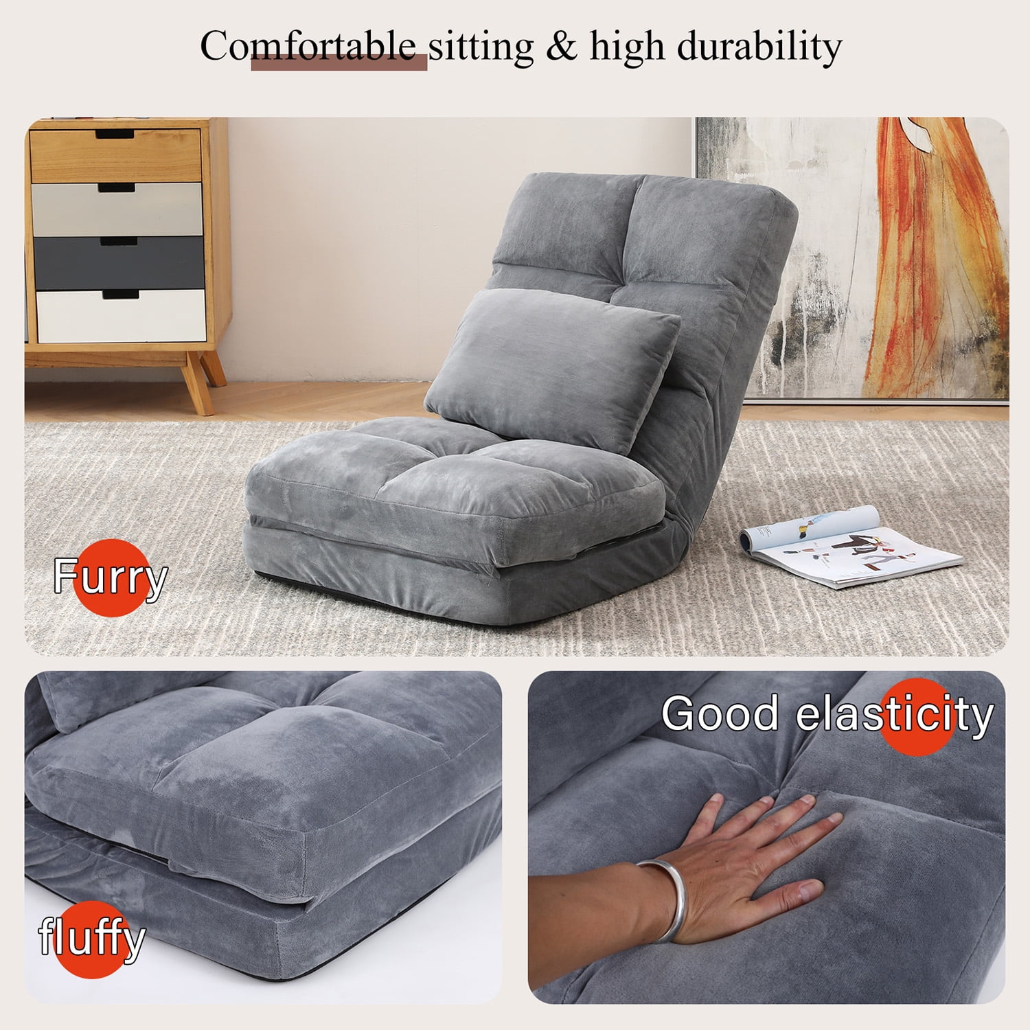 Kadyn Indoor Chaise Lounge Sofa, Adjustable Floor Chair with Back Support and Pillow, Folding Floor Lounger for Adults, Grey Kadyn Indoor Chaise Lounge Sofa, Adjustable Floor Chair with Back Support and Pillow, Folding Floor Lounger for Adults, Grey
