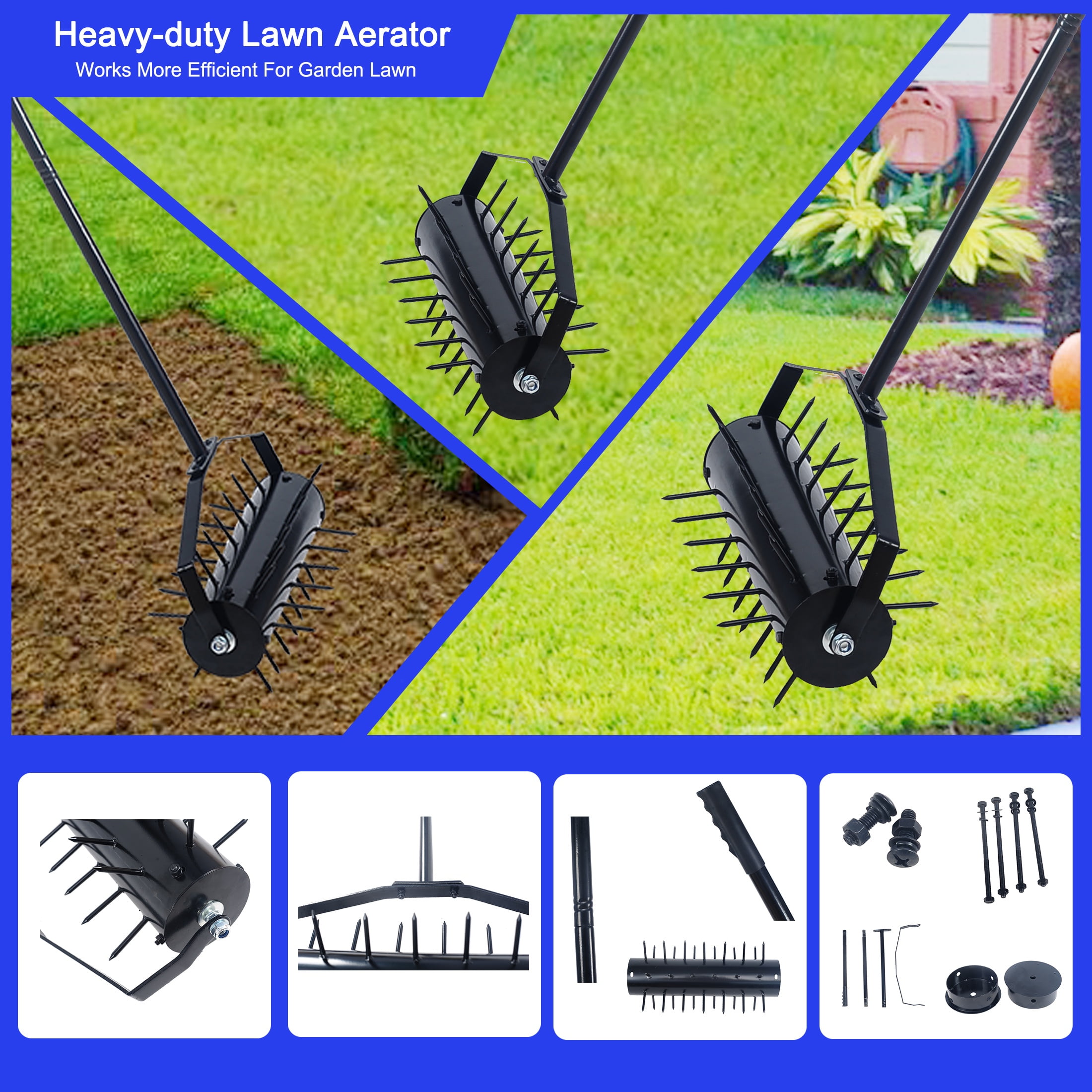 Fehomix Manual Rolling Lawn Aerator with 58" Adjustable Handle, Heavy Duty Push Spike Aerator Tool for Garden & Yard, Soil Aeration for Healthier Grass, Easy Assembly & Transport