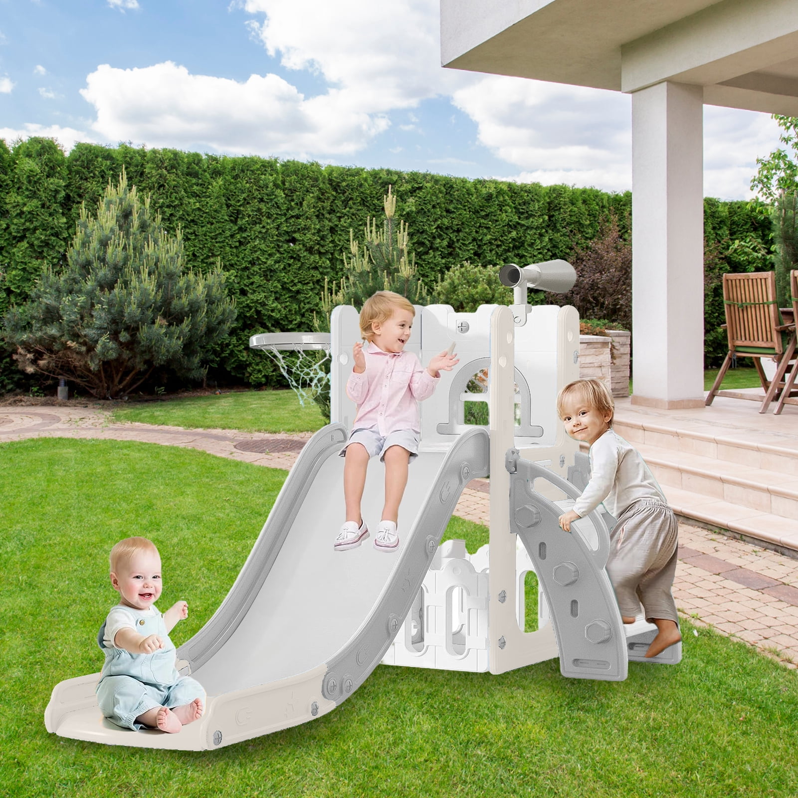 6 in 1 Kids Indoor Slide for Toddlers 1-3,Grey,Baby Slide for Indoor Outdoor with Basketball Hoop and Telescope,L Shaped Slide