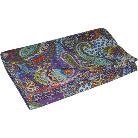 Purple Color Paisley Print Kantha Quilt, Hand Stitched Queen Size Cotton Bedspread, Indian Designer Bed Cover, Reversible Kantha Bedding