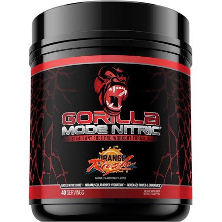 Gorilla Mode Nitric Upgraded Stimulant Free Pre-Workout Powder  Orange Rush  1.7 lbs