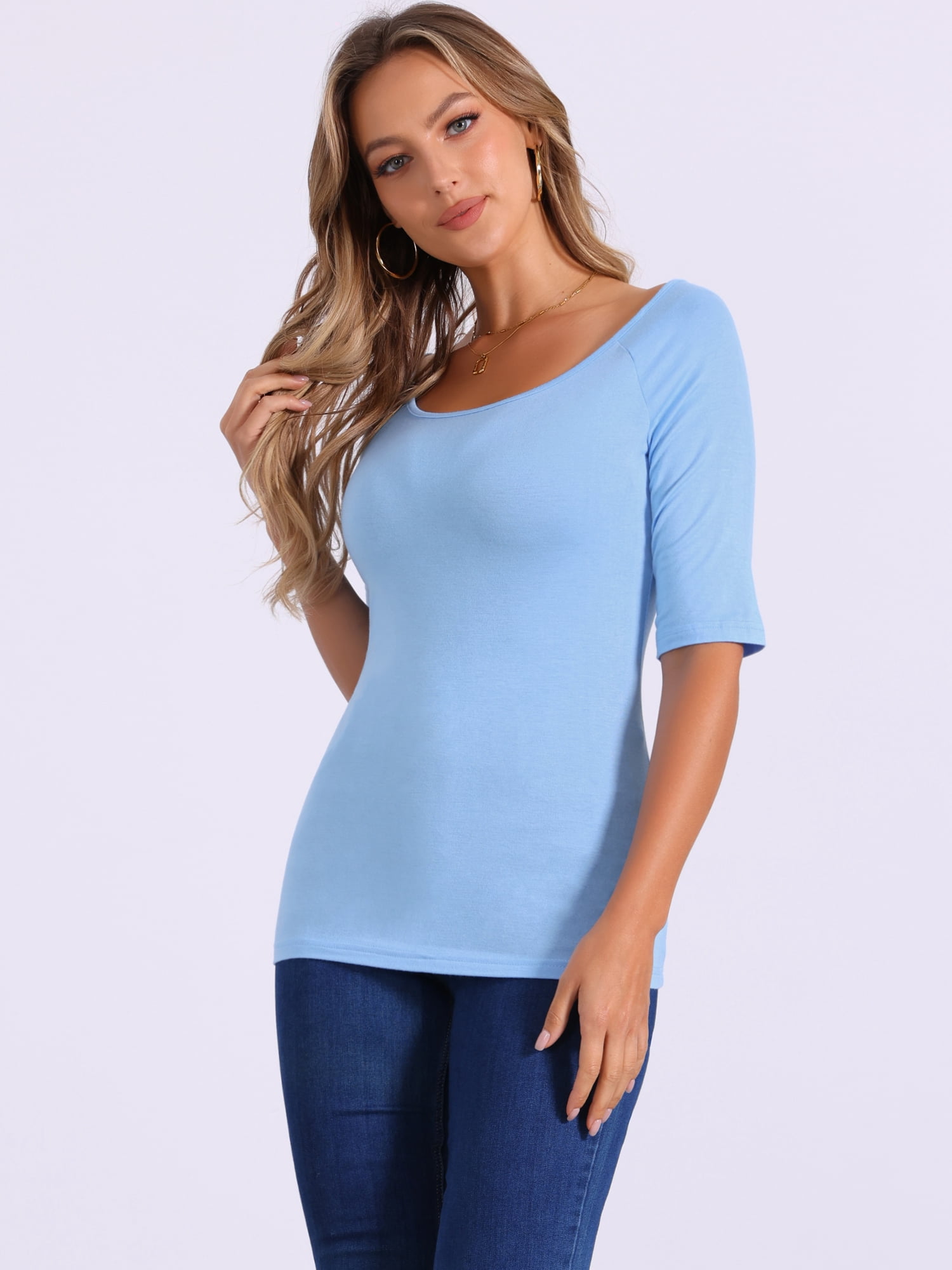 DARING DIVA Women's Slim Fit Pullover Boat Neck Stretchable T-Shirt L Light Blue