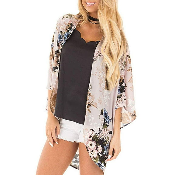 Women's Floral Print Kimonos Loose Half Sleeve Shawl Chiffon Cardigan Blouses Casual Beach Cover Ups