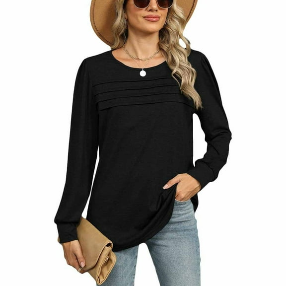 SWSMCLT Women's Soft Shirt Fall Top Summer Light Spring Ruched Crew Neck Date Night Long Sleeve Rayon Loose Fit Black Medium