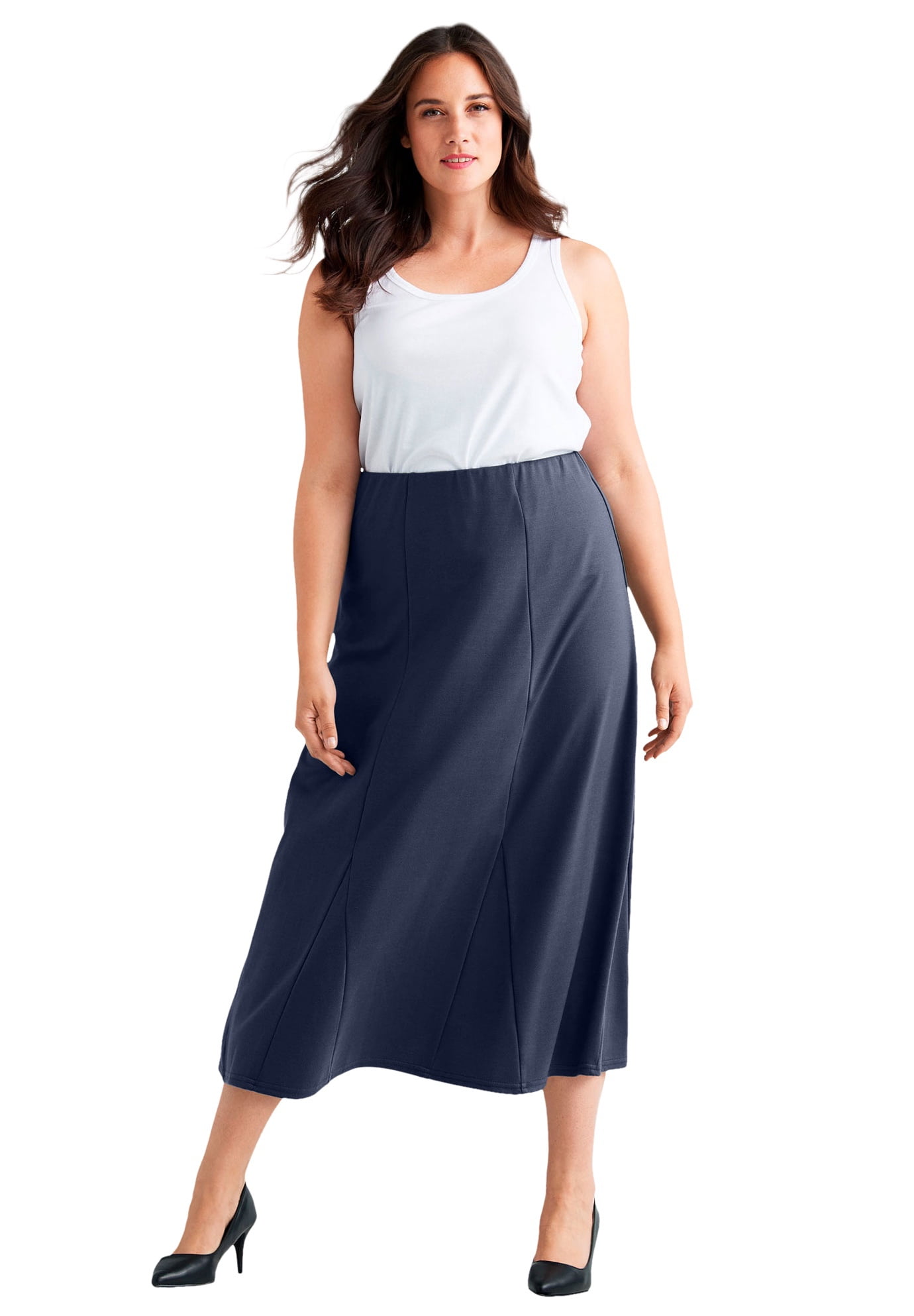 Womens Ladies Plus Size Plain Stretch Flared Maxi Elasticated Skirt 14 TO 28 