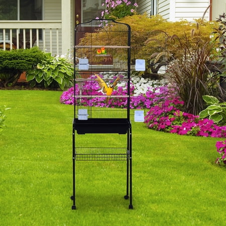 PawHut Indoor 63" Metal Bird Cage With Detachable Rolling Stand, Storage Basket - Black