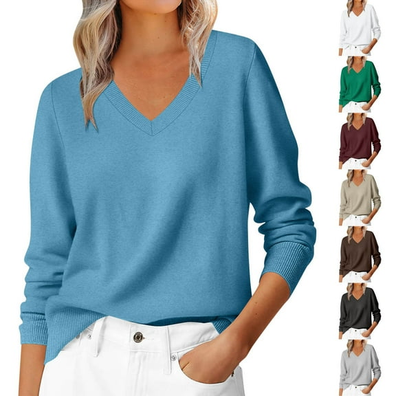 Miluxas Sweaters for Women Fall Casual Solid Color Long Sleeve Lightweight V Neck Soft Basic Loose Fit Pullover Sweater Top White XL(XL)
