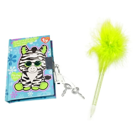 Zig Zag Plush - TY Beanie Boos Pocket Mini Diary with Fluffy Pen Zig-Zag Zebra