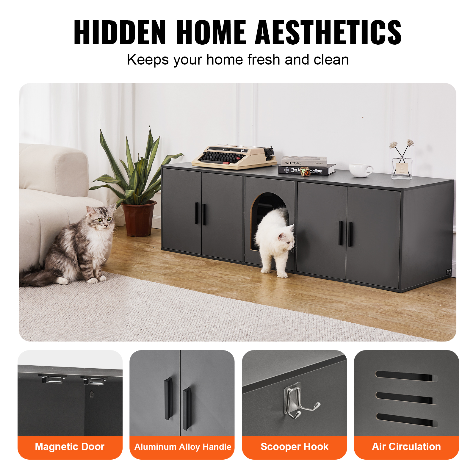 VEVOR Cat Litter Box Enclosure for 2 Cats, Litter Box Furniture Hidden with Double Rooms, Wooden Cat Box Cabinet Fit Most of Litter Box, 57.9"L x 18.3"W  x 17.9"H, Black