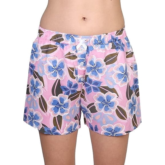 Women's Tagless 100% Cotton Prints Sleepwear Pajama Boxer Comfortable Bottom Shorts by Badger Smith (L, Pink Floral)