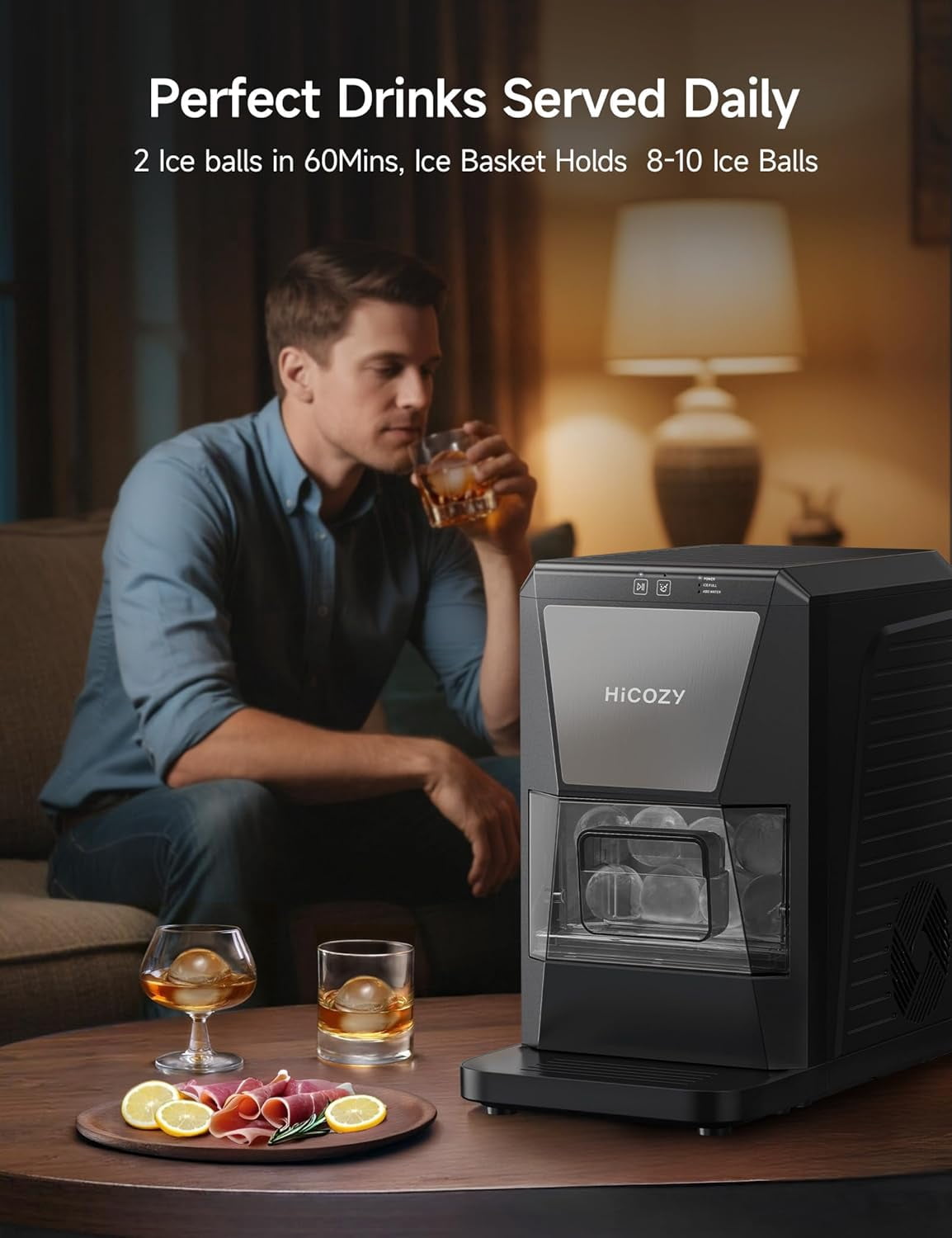 HiCOZY Ice Maker Clear Ice Ball Maker Countertop, Sphere Ice Maker with IcyGem Technology, 2 Ice Balls in 60Mins, 40 pcs/Day, Self-Cleaning Ice Machine with Ice Tong for Cocktails, Whiskey & Bourbon