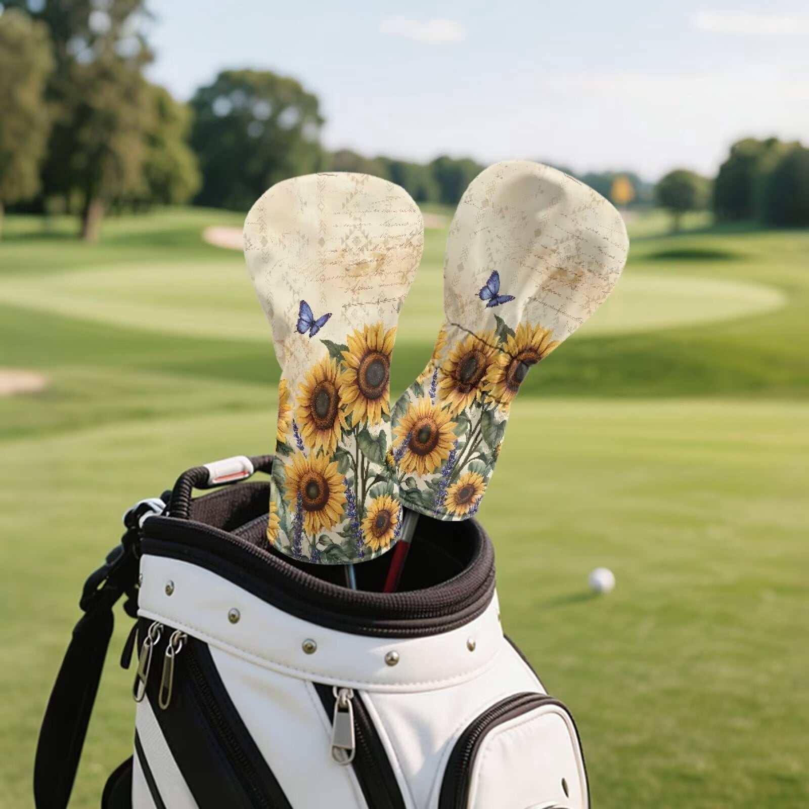 Uorisanigo Golf Club Head Covers for Drivers Fairway Woods Hybrids - Premium PU Leather Blue Butterfly Sunflower Golf Club Headcovers - 3 Piece Set for Men and Women