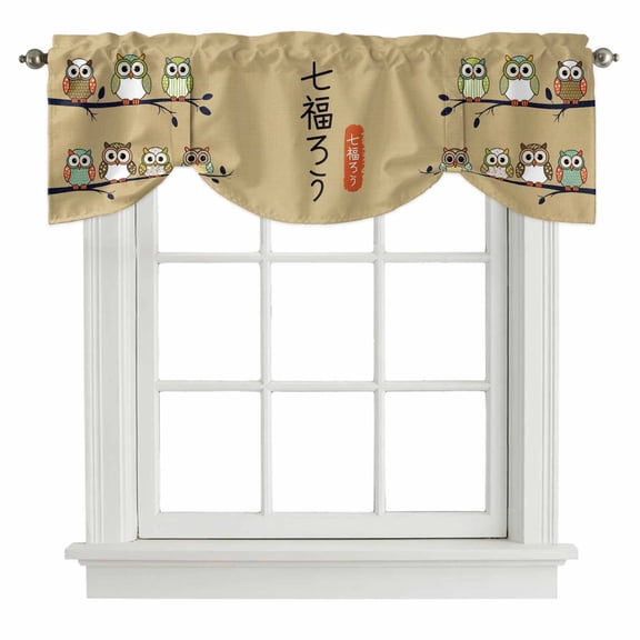 Cute Owls Harmony Tie Up Valance Curtains for Windows, Kitchen Curtains Window Treatments, Japanese Cartoon Branch Brown Short Window Shades Valances for Bedroom Bathroom Cafe 54"x18"