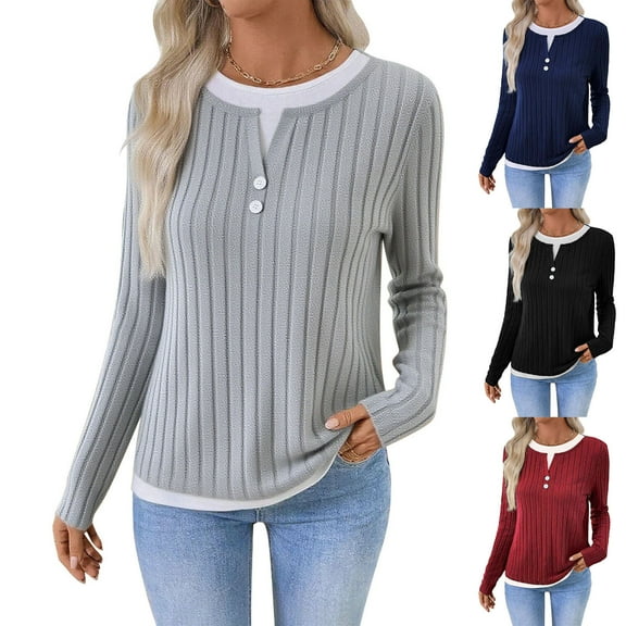 Womens Shirts Plus Size Fashion Fall Fake Two-piece Round Neck Button Pullover Brushed Long-sleeved T-shirt