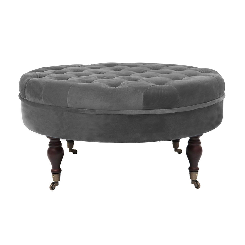 32 in. Dark Gray Velvet Upholstered Round Cocktail Ottoman with Wheels