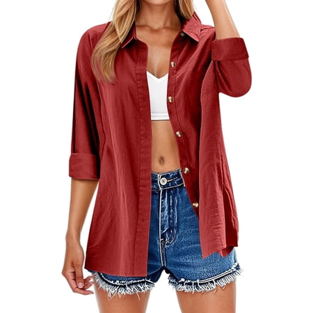 MIXUE Women Blouses Autumn Winter Solid Color Lapel Button Down Long Sleeve Trendy Casual Cardigan Womens Tops Outwear Red XXXXL