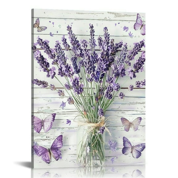 JRXY Lavender Wall Art for Living Room, Country Purple Floral and Butterfly Canvas Wall Art Vintage Wood Boards Framed Abstract Painting Ready to Hang for Bedroom Bathroom Wall Decor 12x16 in
