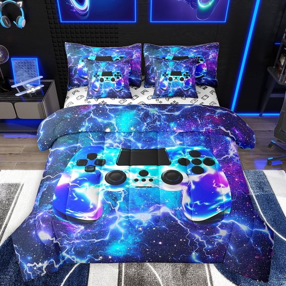 Homewish Abstract Gamer Twin Bedding Sets 7-Piece for Teens Boys Girls,Lightning Video Game Bedding Comforter Set Microfiber,Universe Galaxy Breathable Sheet Sets,Breathable Home Decor,Reversible