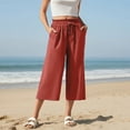 thumbnail image 2 of Levmjia Womens Wide Leg Pants Elastic Waist Soft Cotton Linen Breathable Casual Home Wear Summer Solid Color Drawstring Pocket Comfortable Stretchy Cropped Trousers, 2 of 9