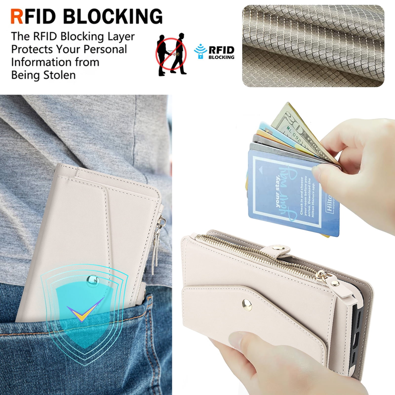 Dteck Crossbody Wallet for iPhone 15 Pro with Detachable Magnetic Phone Case, Compatible with MagSafe, RFID Blocking PU Leather Flip Cover Wrist Strap Zipper Card Holder Slots,White