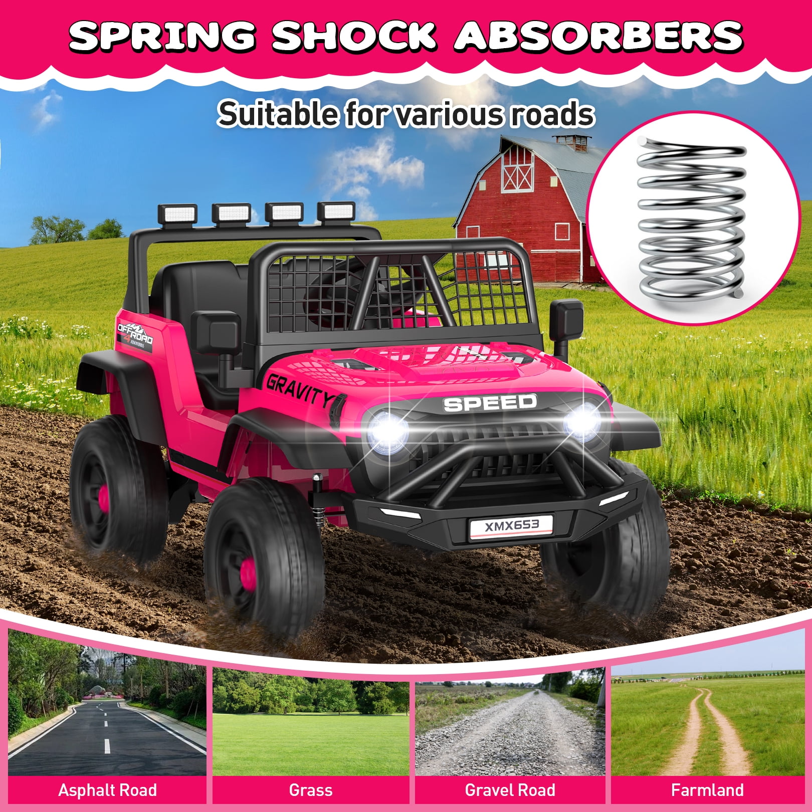 Funcid 24V Ride on Cars Truck with Remote Control, Electric Battery Powered Car with Spring Suspension, Ride on Toys for Kids, Built-in music, Cool LED Light, Bluetooth, USB, Pink