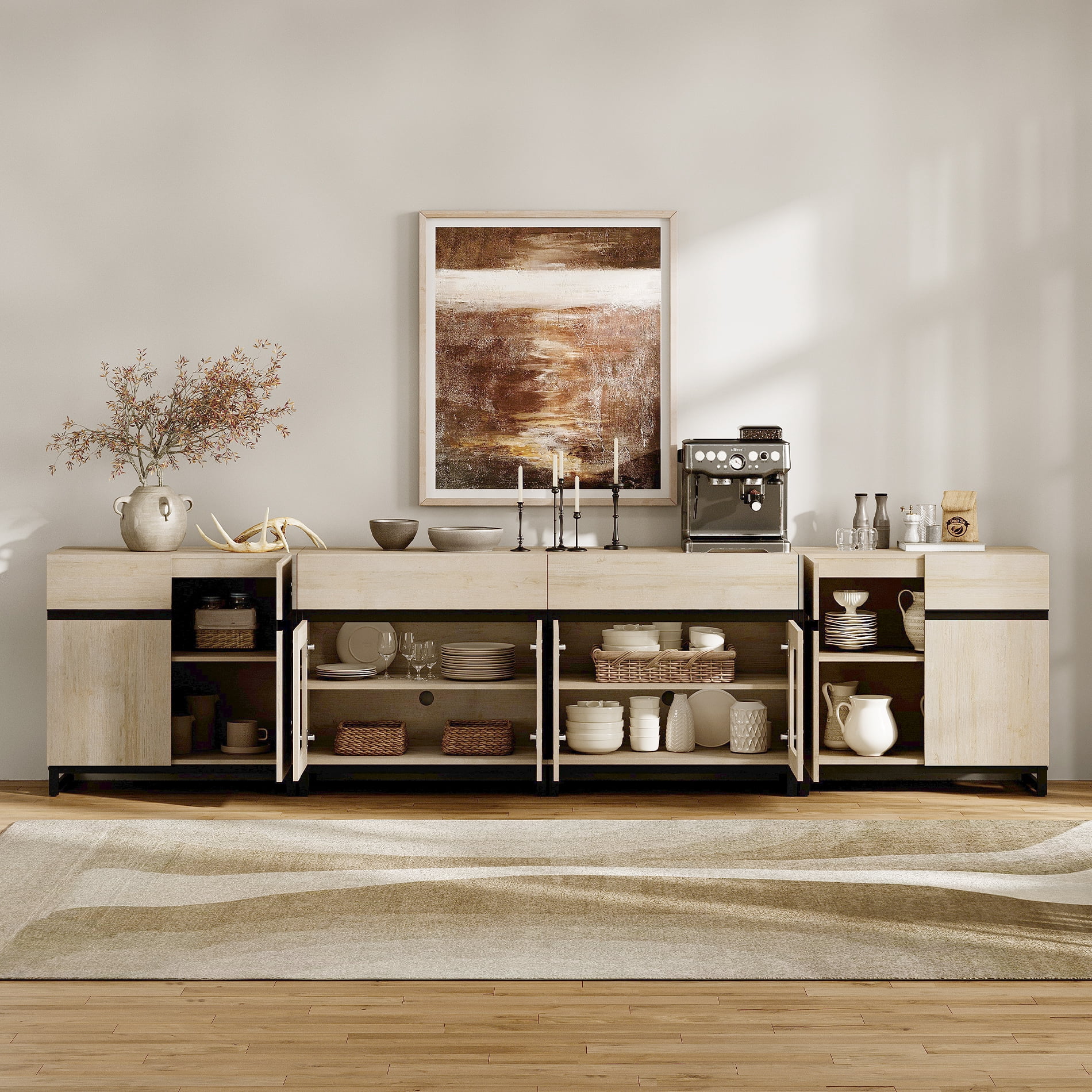Modern 4-in-1 Chest Of Drawers, Bedroom Storage Dresser with Glass Doors, 2 Drawers, Adjustable Shelf and Sturdy Metal Base for Home,Beige