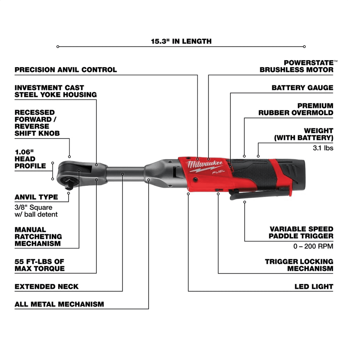 Milwaukee 2560-21 M12 FUEL 3/8" Extended Reach Ratchet 1 Battery Kit