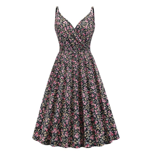 HKEJIAOI Robes Décontractées Soldes Liquidation Robe Fleurie pour Femmes Rétro Femmes Été Décontractée Imprimé Floral Sans Manches Mode Col en V Robe de Soirée Rose