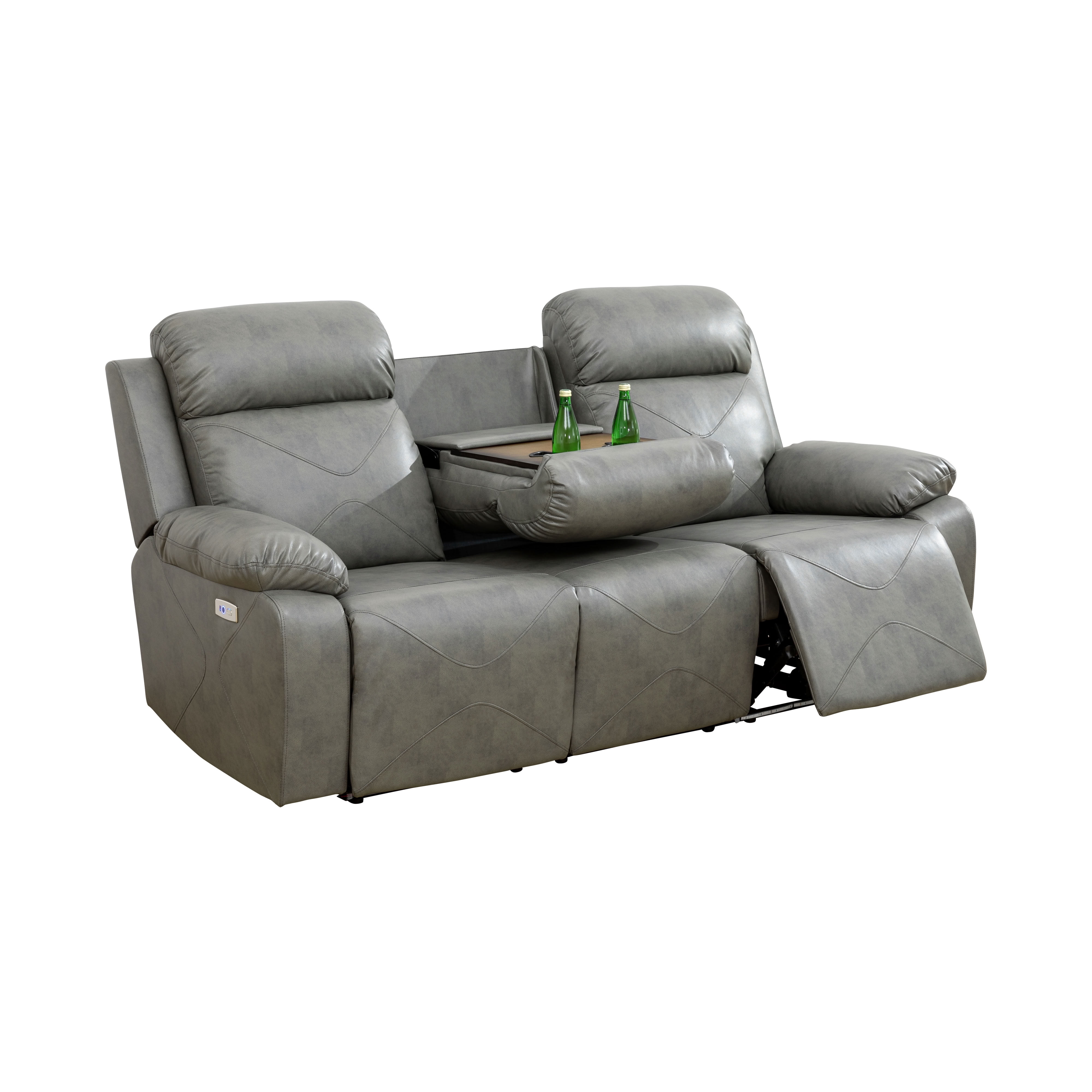 MAYEERTY 3-Seater Recliner Sofa, Breathable Leather Sofa with LED Lights & Reversible Coffee Table for Family Living Room & Home Theater