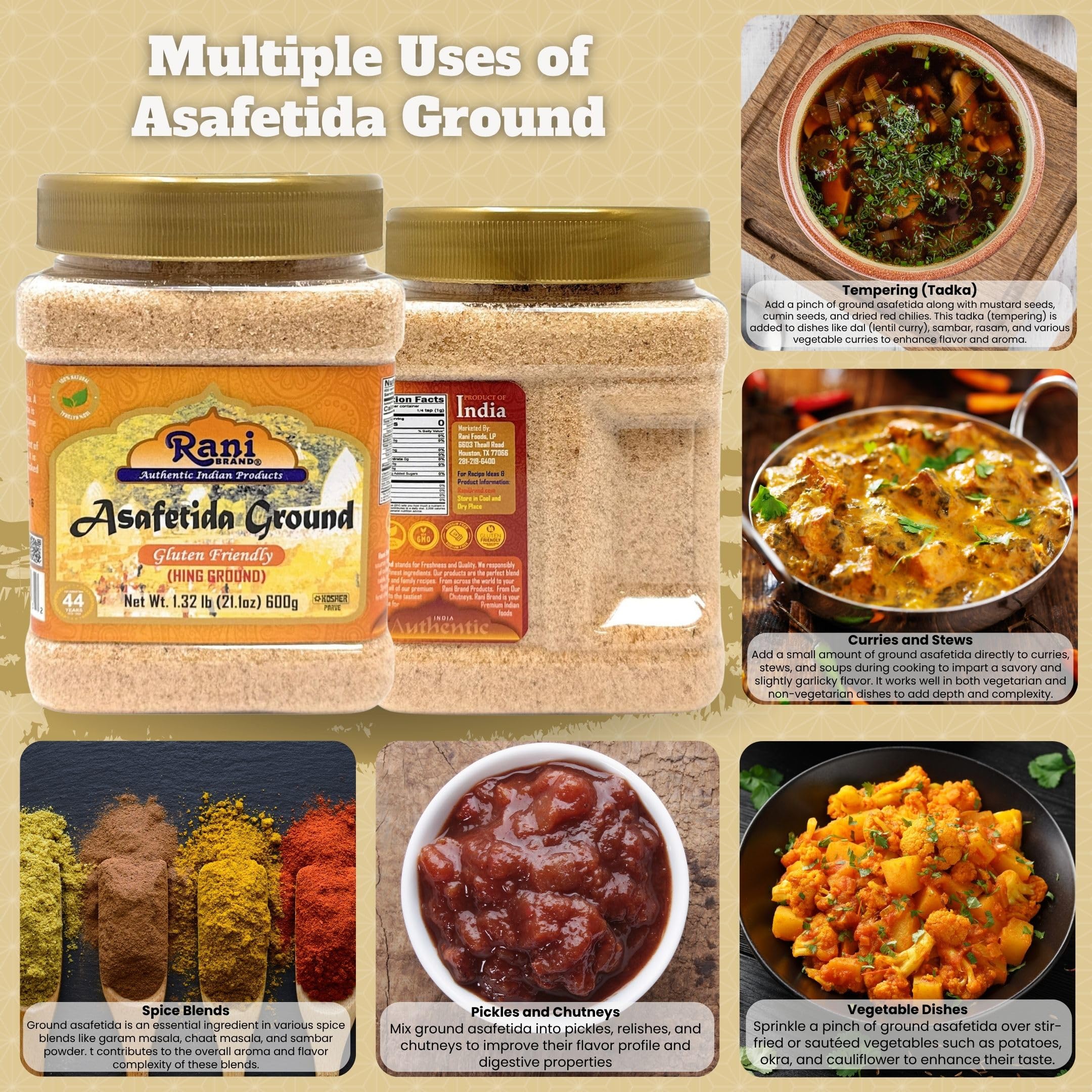 Rani Asafetida (Hing) Ground 21.1oz (1.32lbs) 600g Gluten Friendly, PET Jar ~ All Natural | Salt Free | Vegan | Non-GMO | Asafoetida Indian Spice | Best for Onion Garlic Substitute