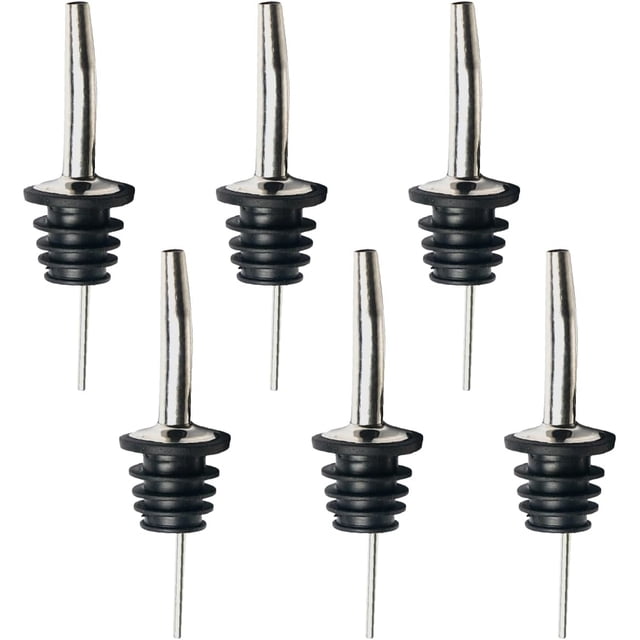 Vertedores de botellas clásicos de acero inoxidable con boquilla cónica y tapas antipolvo de goma (6 piezas) (plateado) Dispositivo para verter vino con sombrero negro pequeño