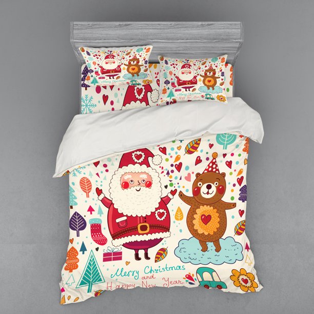 Christmas Duvet Cover Set, Santa and Teddy Bear Vintage Christmas