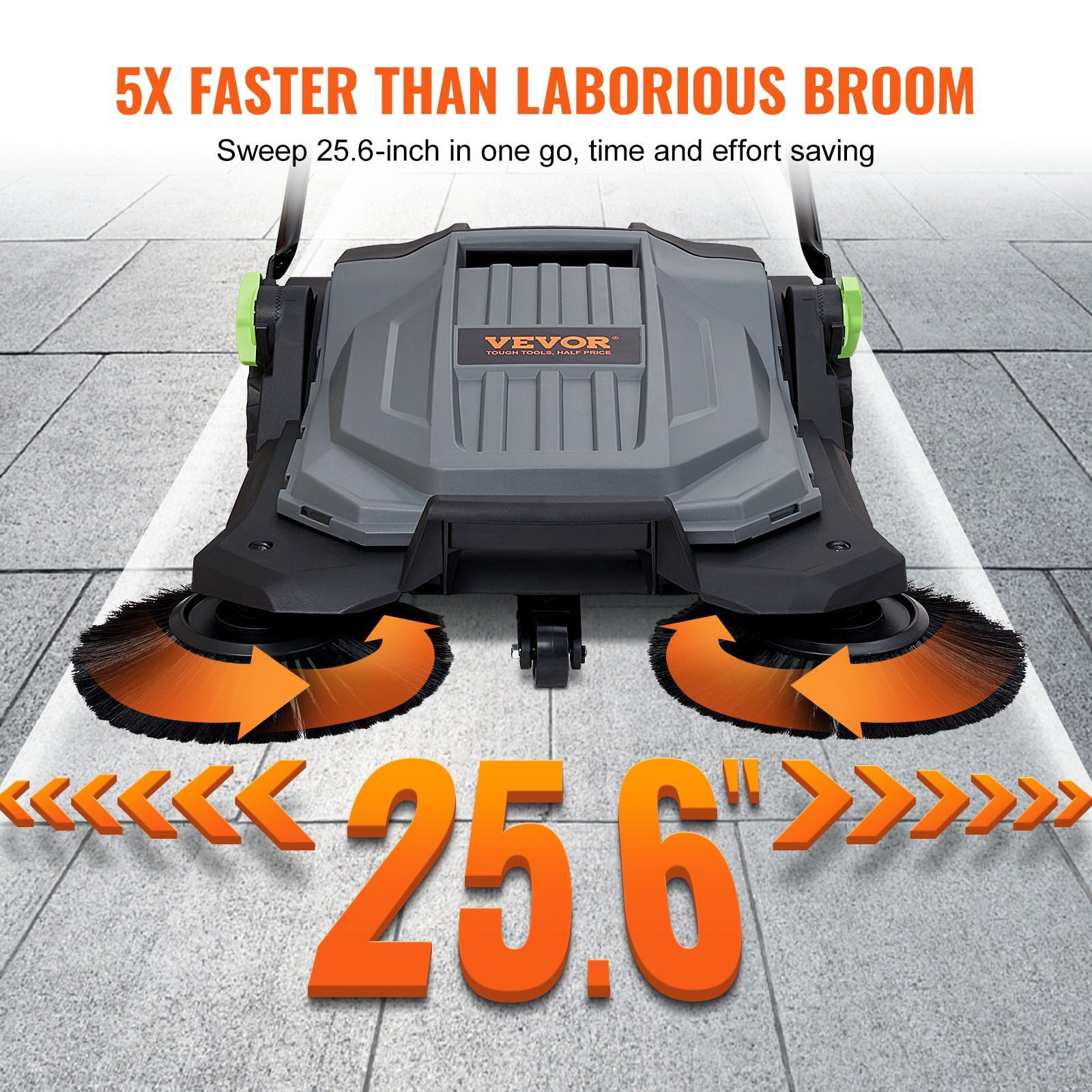 Manual Push Sweeper 25.6 Inch Sweeping Width 5 Gallon Dustbin Adjustable Folding Handle for Sidewalk Patio Garage Terrace