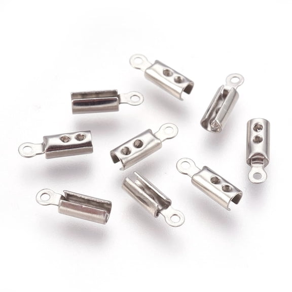 300pcs Resistant 304 Stainless Steel Folding Crimp Ends Fold Over Crimp Cord Ends Stainless Steel color 10x3x2.5mm Hole: 1mm Inner Diameter: 2.5mm