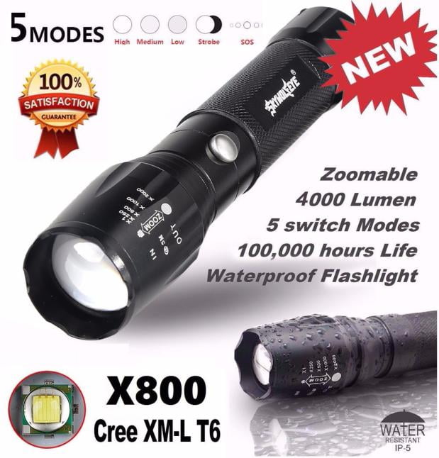 5000Lumen 5Mode Tactical Military LED Flashlight T6 Zoomable Focus Torch Light 