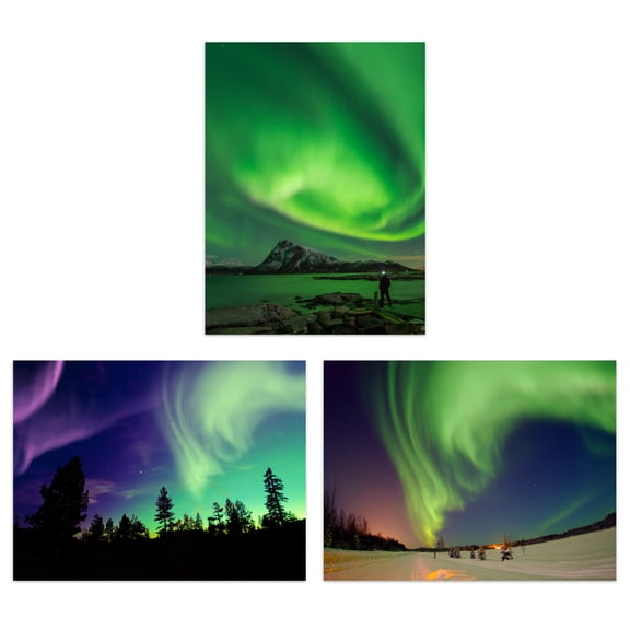 Northern Lights Norway In Winter Set Of 3 Unframed Wall Art Prints Living Room Bedroom Aesthetic Aurora Borealis 12X16 Inch