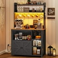 thumbnail image 3 of Itaar 35.4 inch Coffee Bar Cabinet, Bakers Rack with Power Outlet and Storage, Farmhouse Microwave Stand Kitchen Cabinet with Hutch, LED Lights, Wine Glass Holder and 8 Hooks, Black, 3 of 8