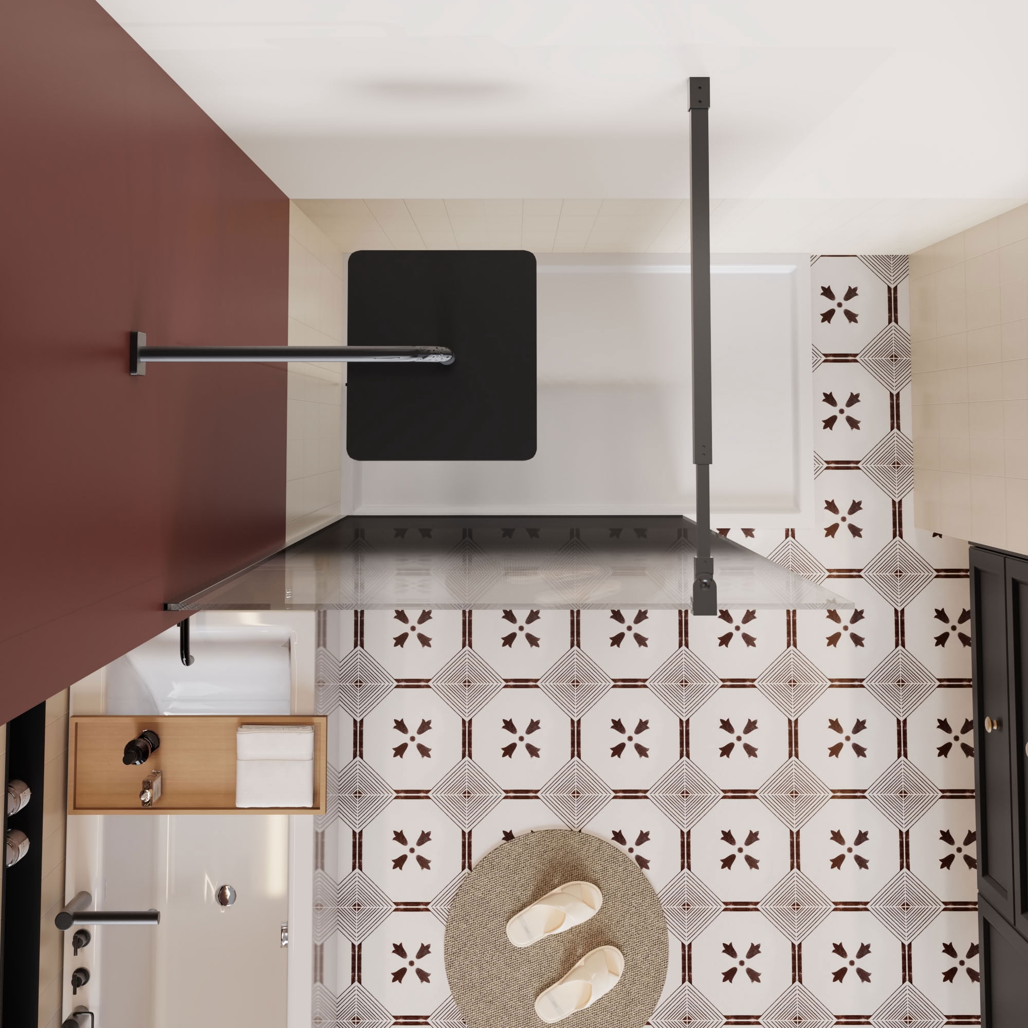 MAYEERTY Fixed Shower Door, Black Aluminum Frame, 1/4" Black Gradient Tempered Glass with Supporting Bar, Waterproof & Reversible Installation