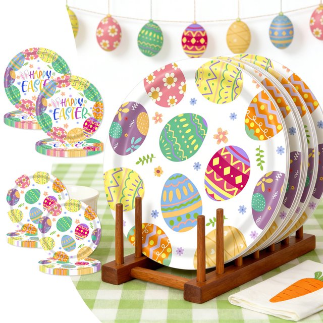 Platos de Fiesta de Pascua en pack de 20 | Vajilla de papel desechable Multicolor 9" y 7" | Resistente a los desgarros duraderos | Fiesta de primavera, decoración de mesa navideña, picnic, boda