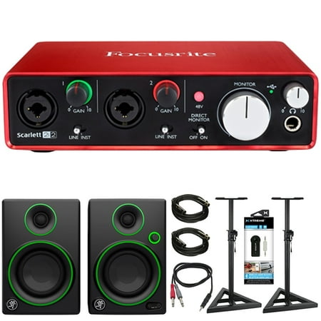 Focusrite Scarlett 2i2 USB Audio Interface (2nd Gen) With Pro Tools and More w/ Speaker Bundle Includes, Mackie CR Series CR3 Multimedia Monitors (Pair), 2x Deco Mount PA Speaker Stand and