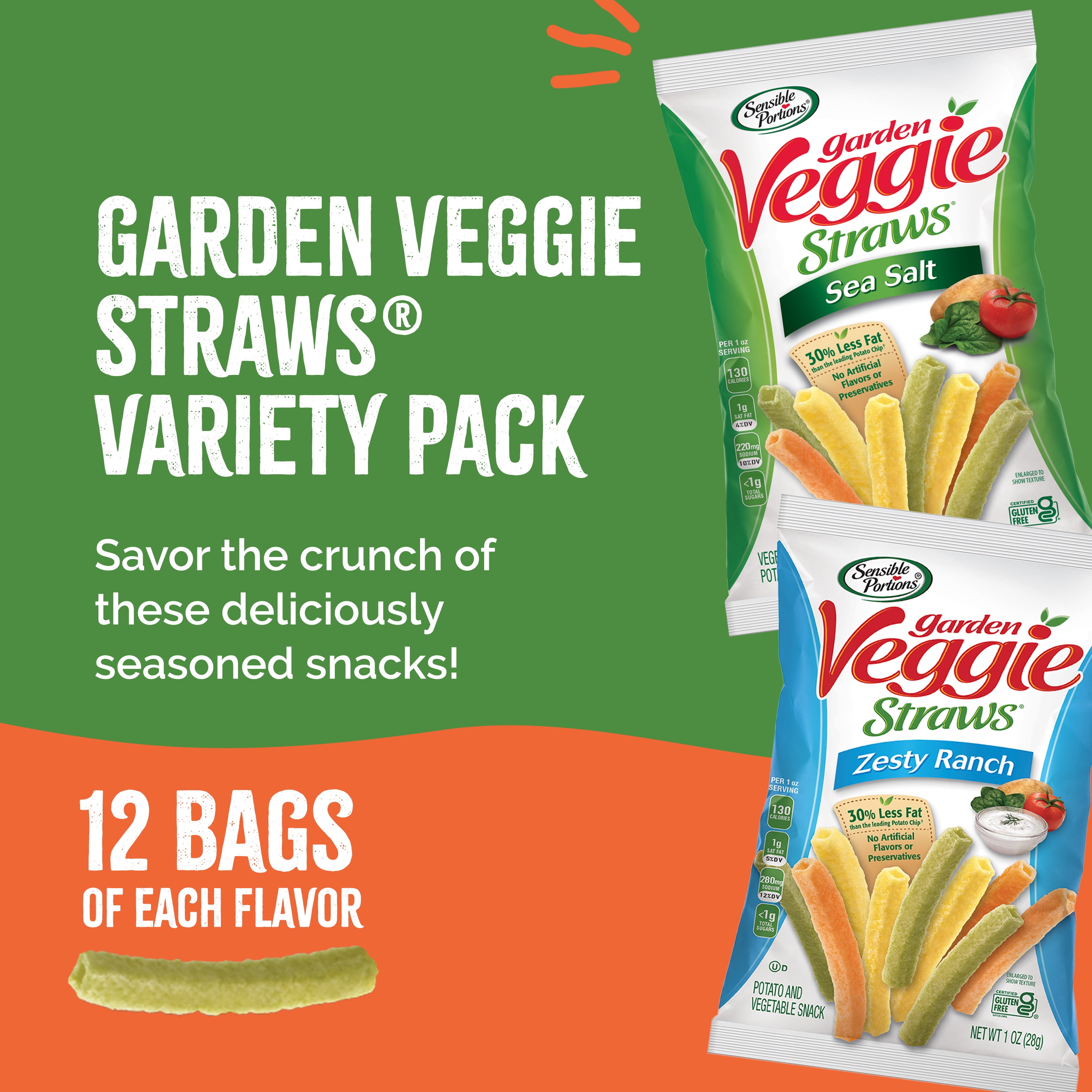 Sensible Portions Garden Veggie Straws Ranch & Sea Salt Multipack, 1 oz Snack Bag, 24 Count